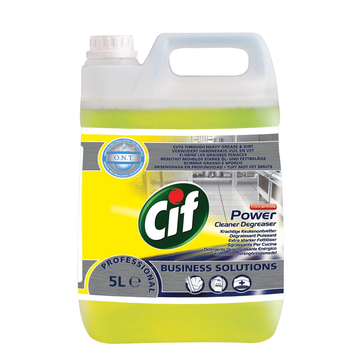 Grovrent Cif Professional Degreaser 5L i en vit och grön plastflaska med handtag och etikett