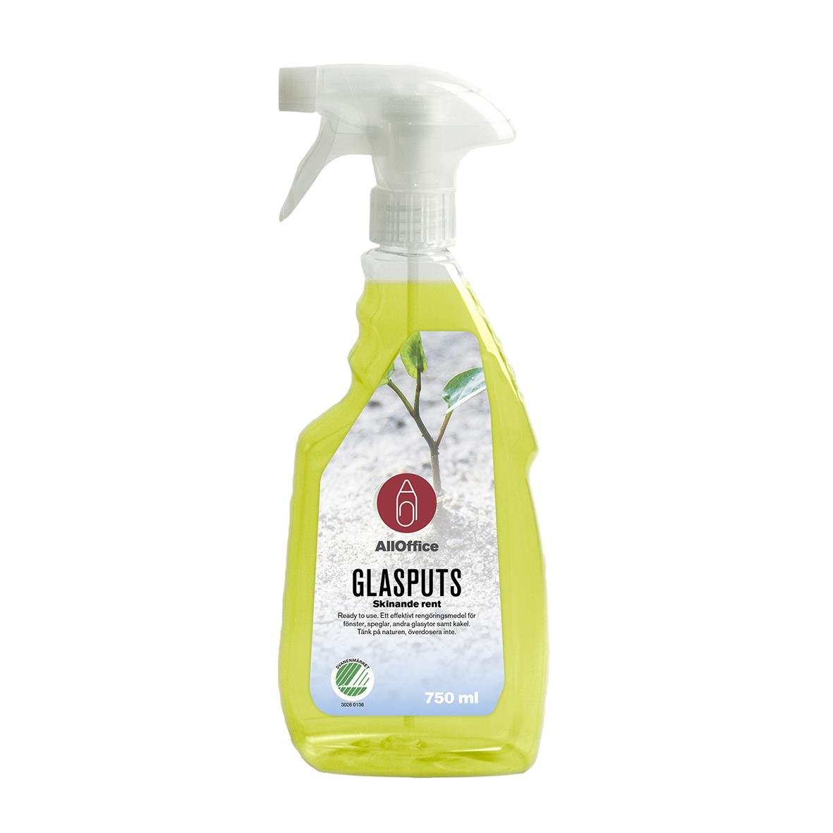 Fönsterputs sprayflaska med grönt innehåll och etikett för AllOffice Glasputs 750 ml
