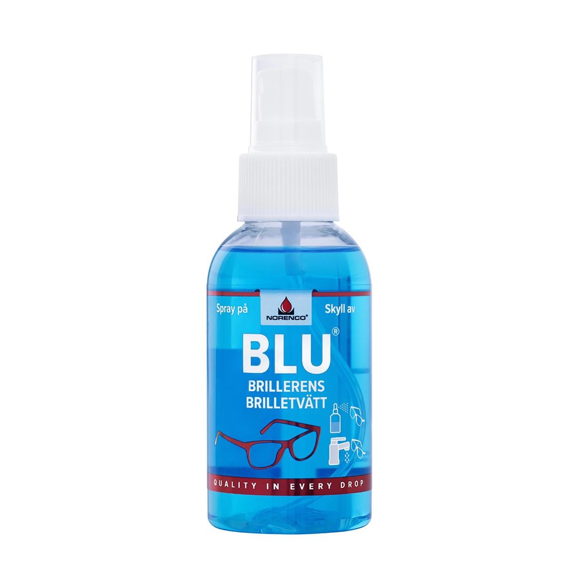 Blå glasögontvättflaska med sprayfunktion och text Brilletvätt 100ml