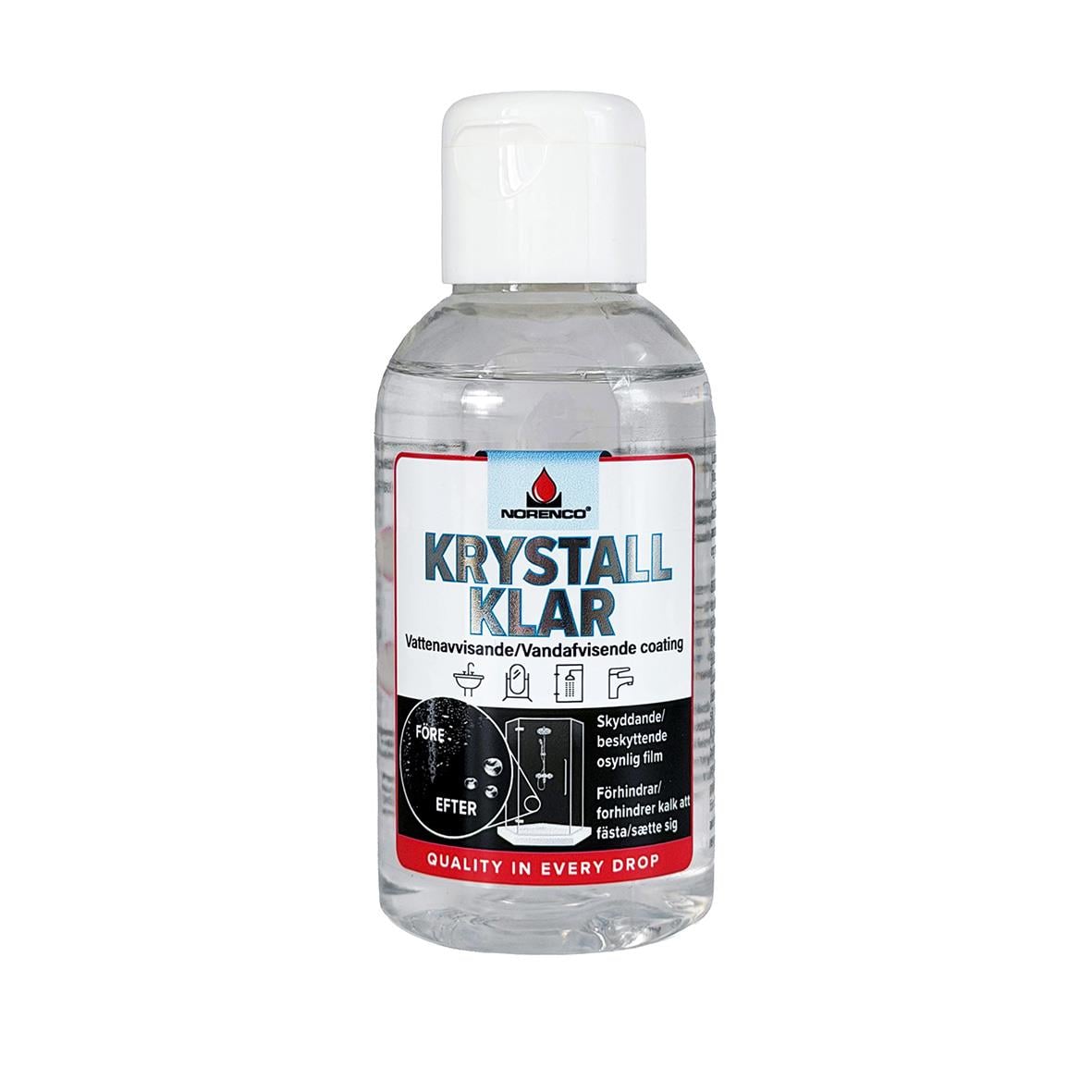 Glasimpregnering Norenco Krystallklar 100ml i en transparent flaska med vit lock