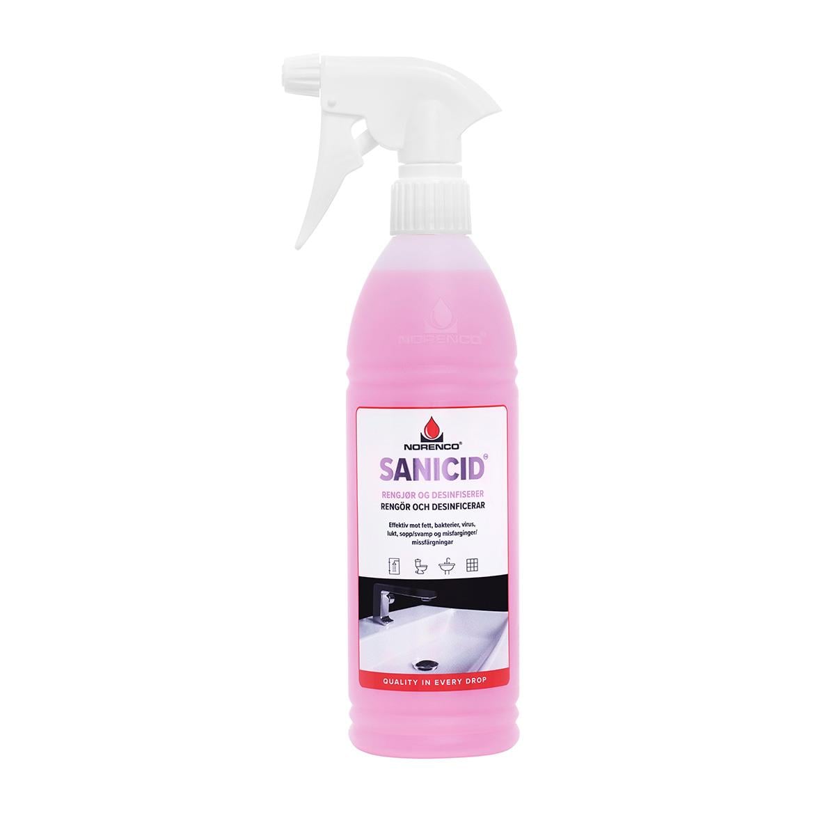 Sprayflaska med rosa vätska och etikett för Sanicid desinfektionsspray 600ml