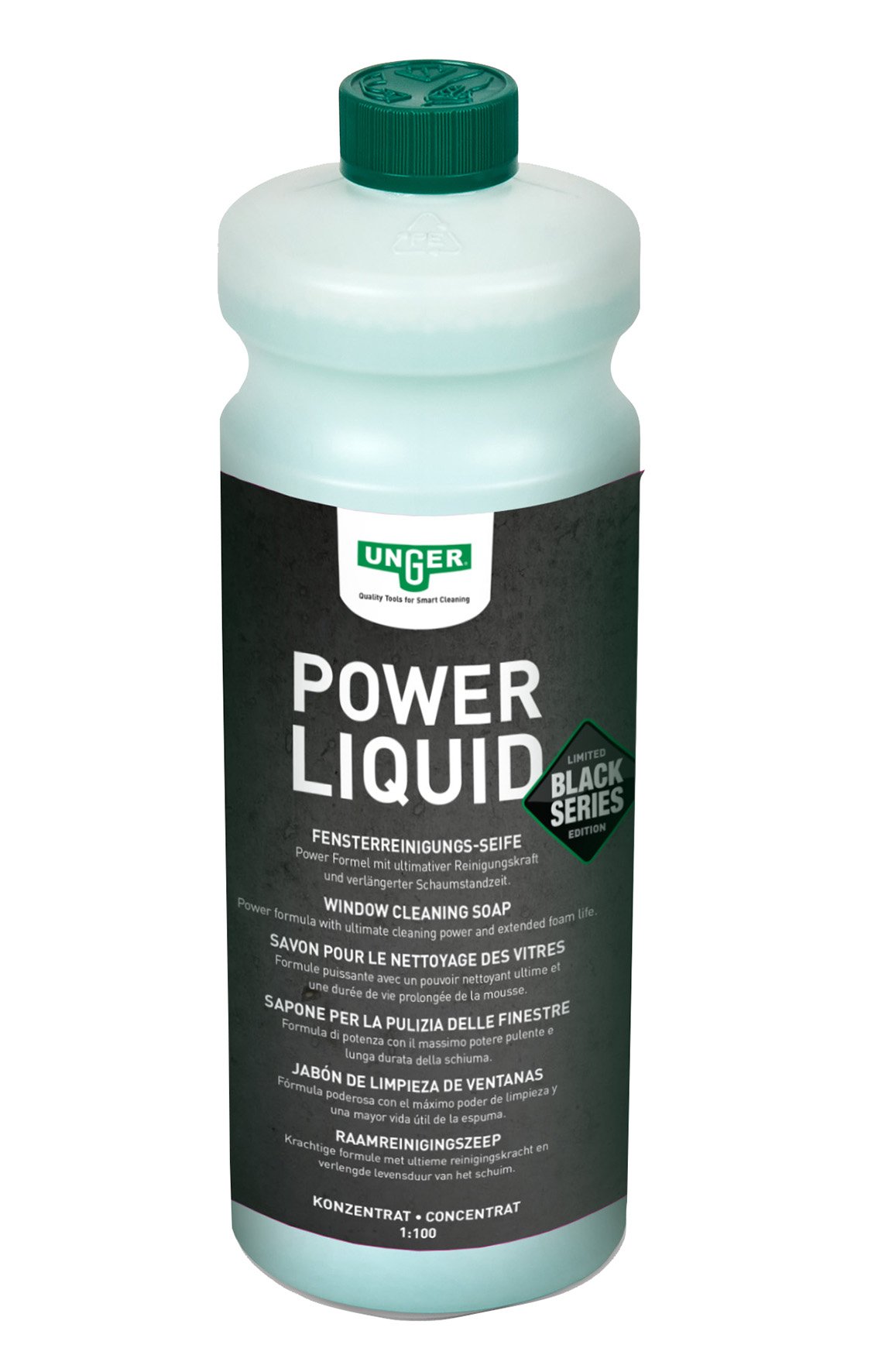 Unger Power Liquid Black Series 1L fönstersåpa i grön och vit flaska