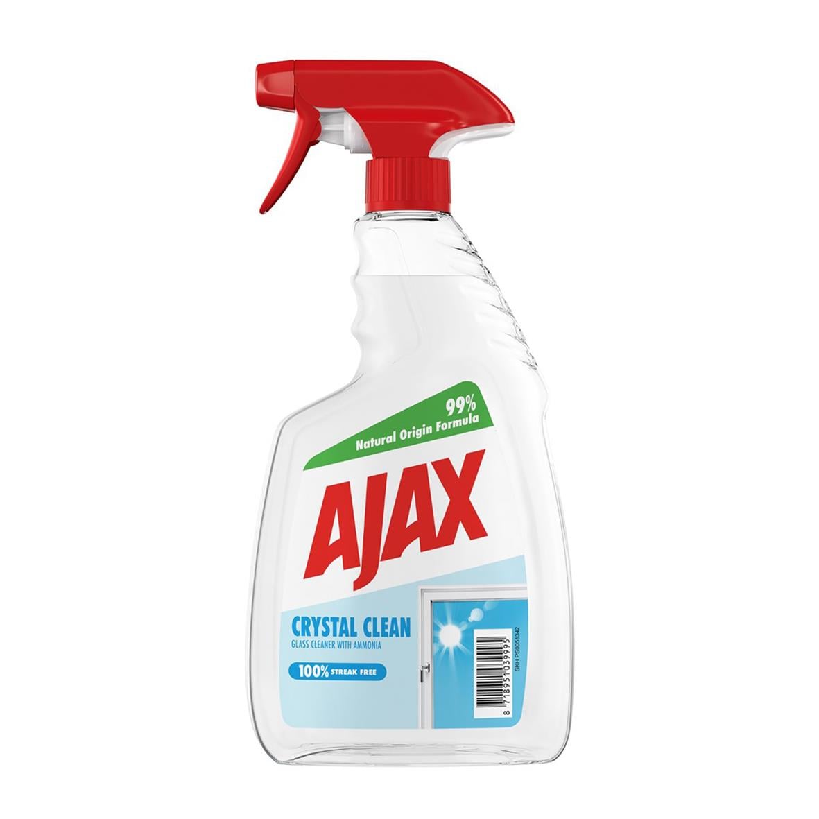 Ajax Crystal Clean rengöringsspray med röd spruthandtag och blå etikett
