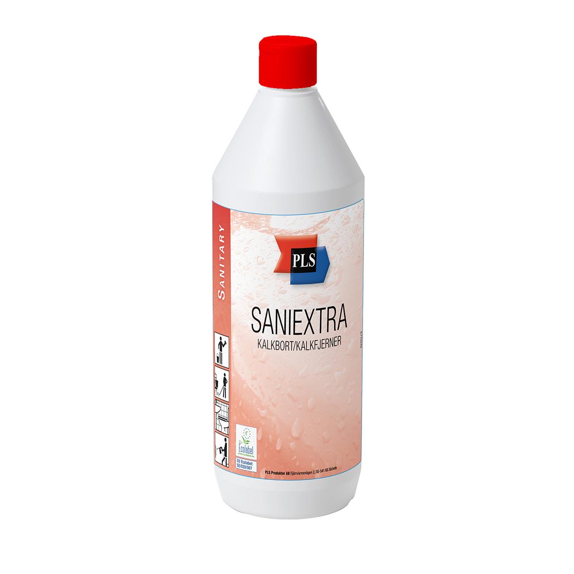 Kalkbort PLS Saniextra 1L i vit flaska med röd topp