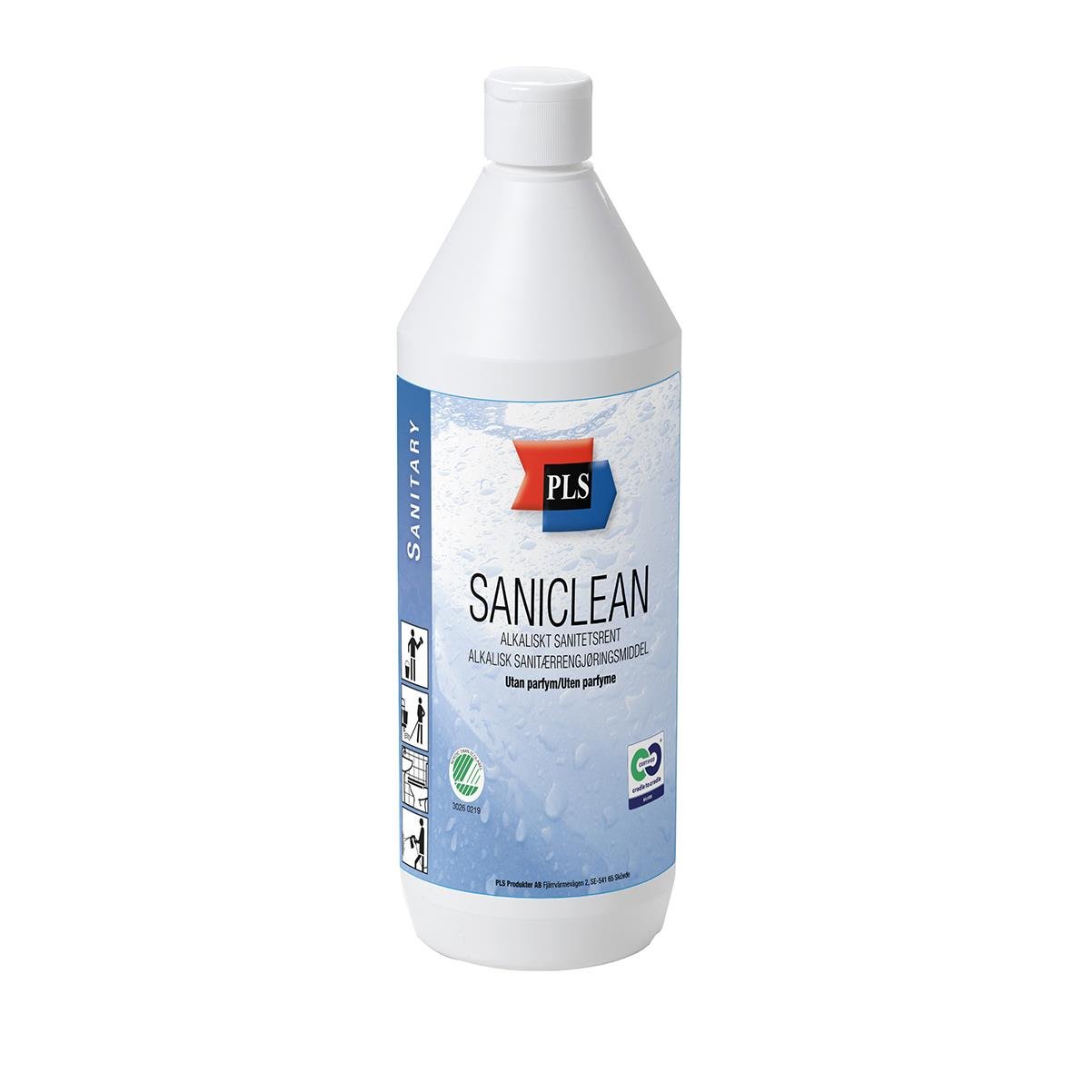 Vit sanitetsrent flaska av PLS Saniclean utan parfym