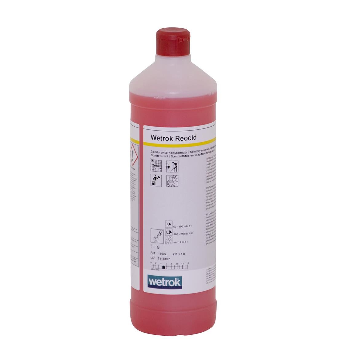 Röd flaska med Wetrok Reocid 1L sanitetsrent vätska