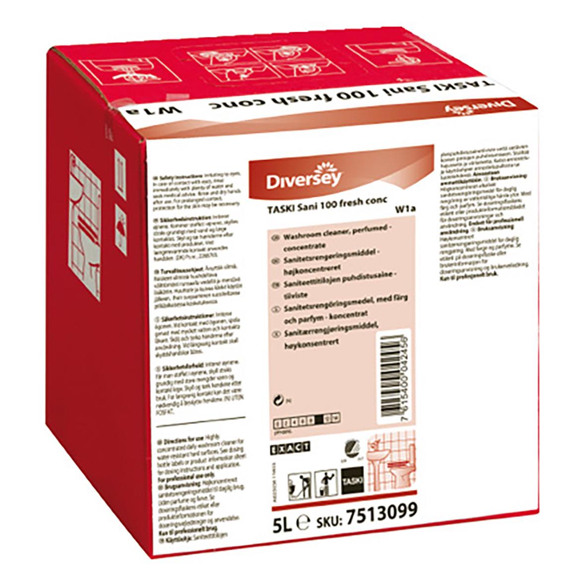Röd förpackning av sanitetsrent Diversy Taski Sani 100 fresh concentrate