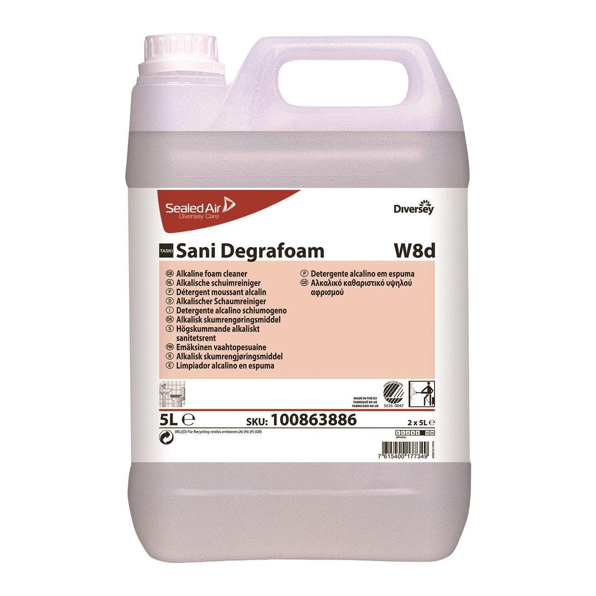 5L vit flaska med rengöringsmedel Sani Degrafoam W8d från Diversey, för alkaliskt skumrengöringsmedel