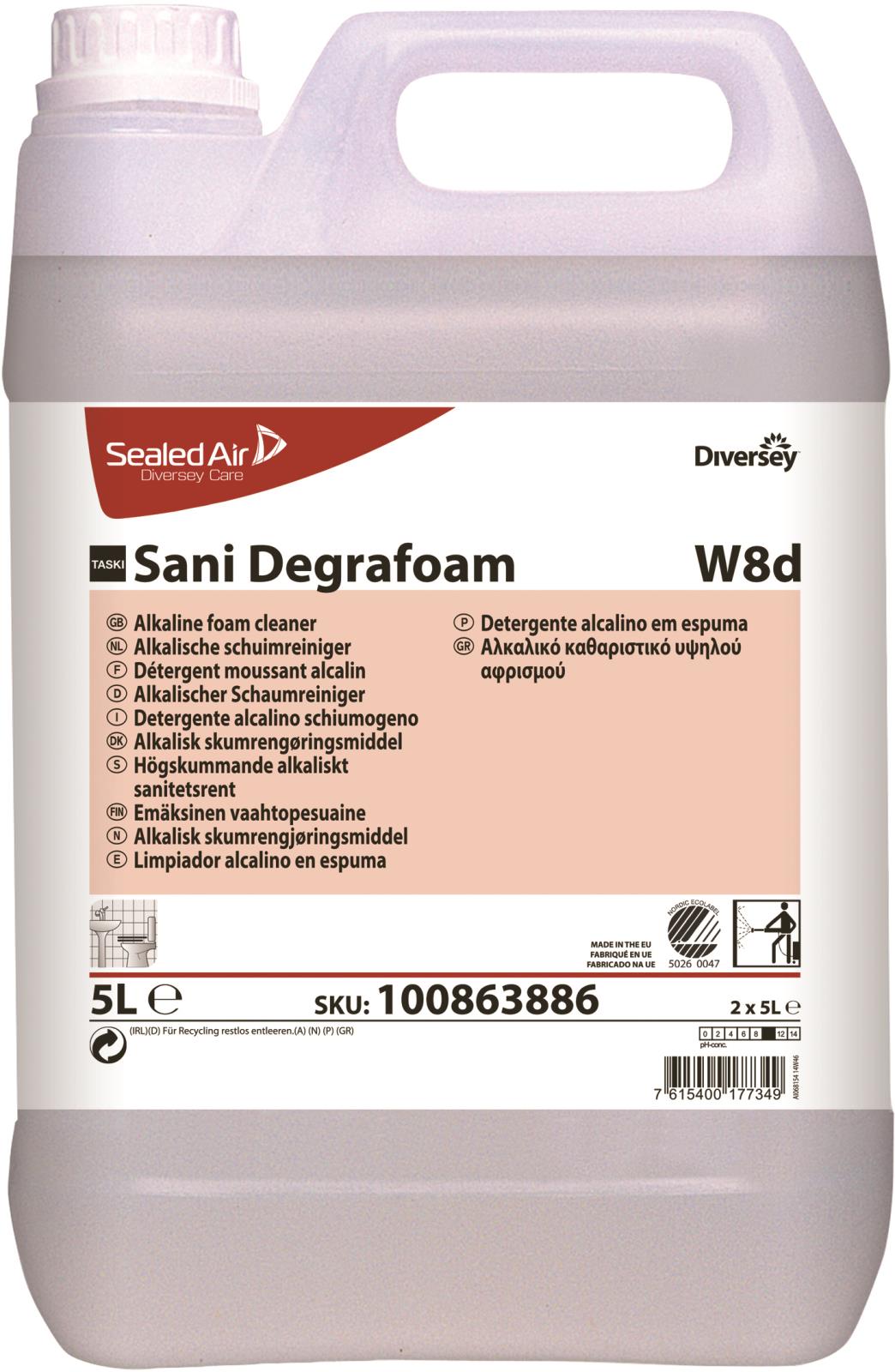 5L vit flaska med rengöringsmedel Sani Degrafoam W8d från Diversey, för alkaliskt skumrengöringsmedel