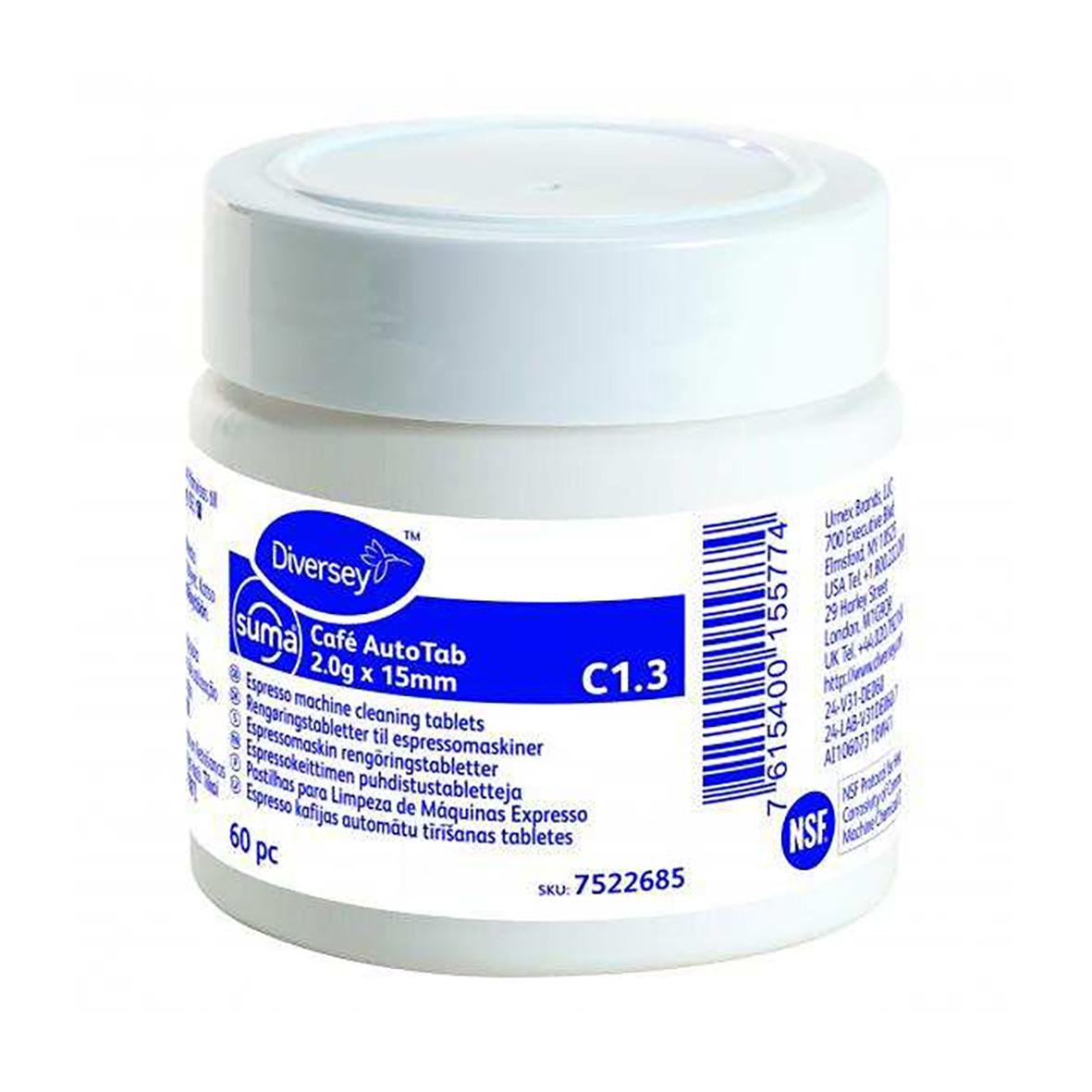 Rengöringstablett Suma Coffee 2g i vit burk med blå och vit etikett