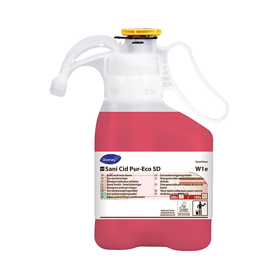 Rosa och vit sprayflaska med etikett för Kalkbort Diversey Taski Sani Cid Pur-Eco SD W1e 1,4L