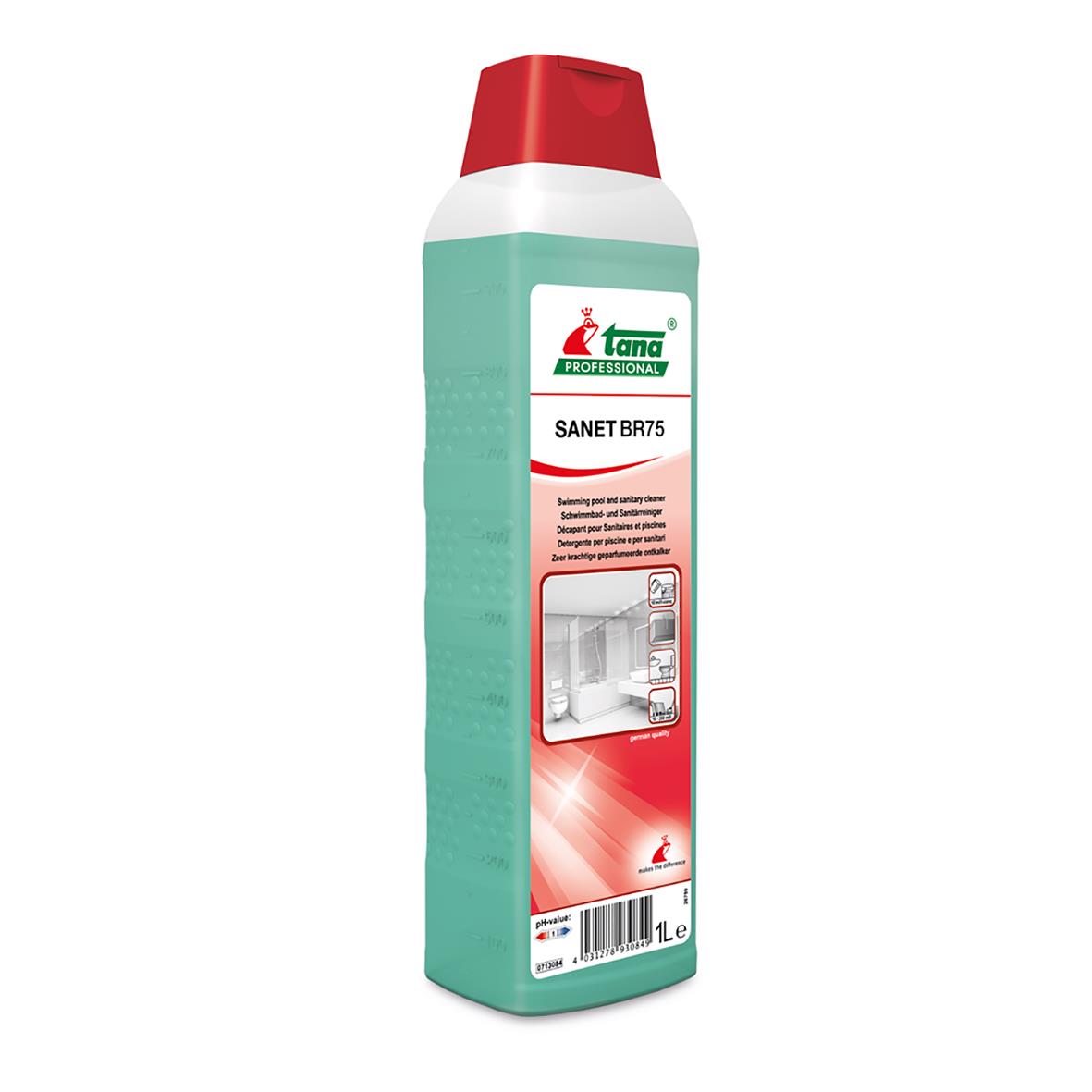 Sanitetssprit Tana Sanet BR75 1L i grön och vit flaska med röd topp