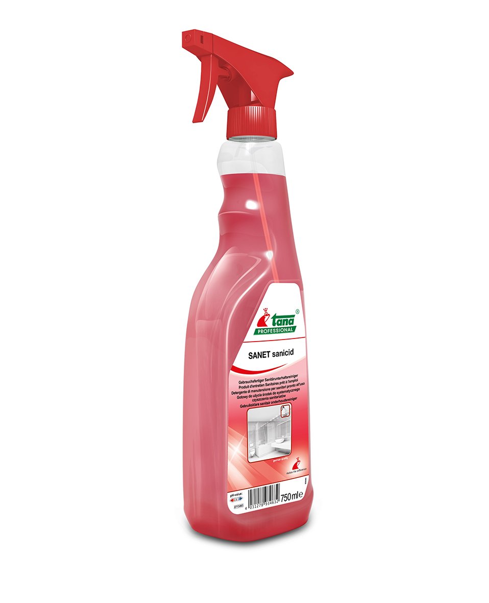 Röd sprayflaska med Tana Sanet Sanet Spray 750ml etikett för desinfektion