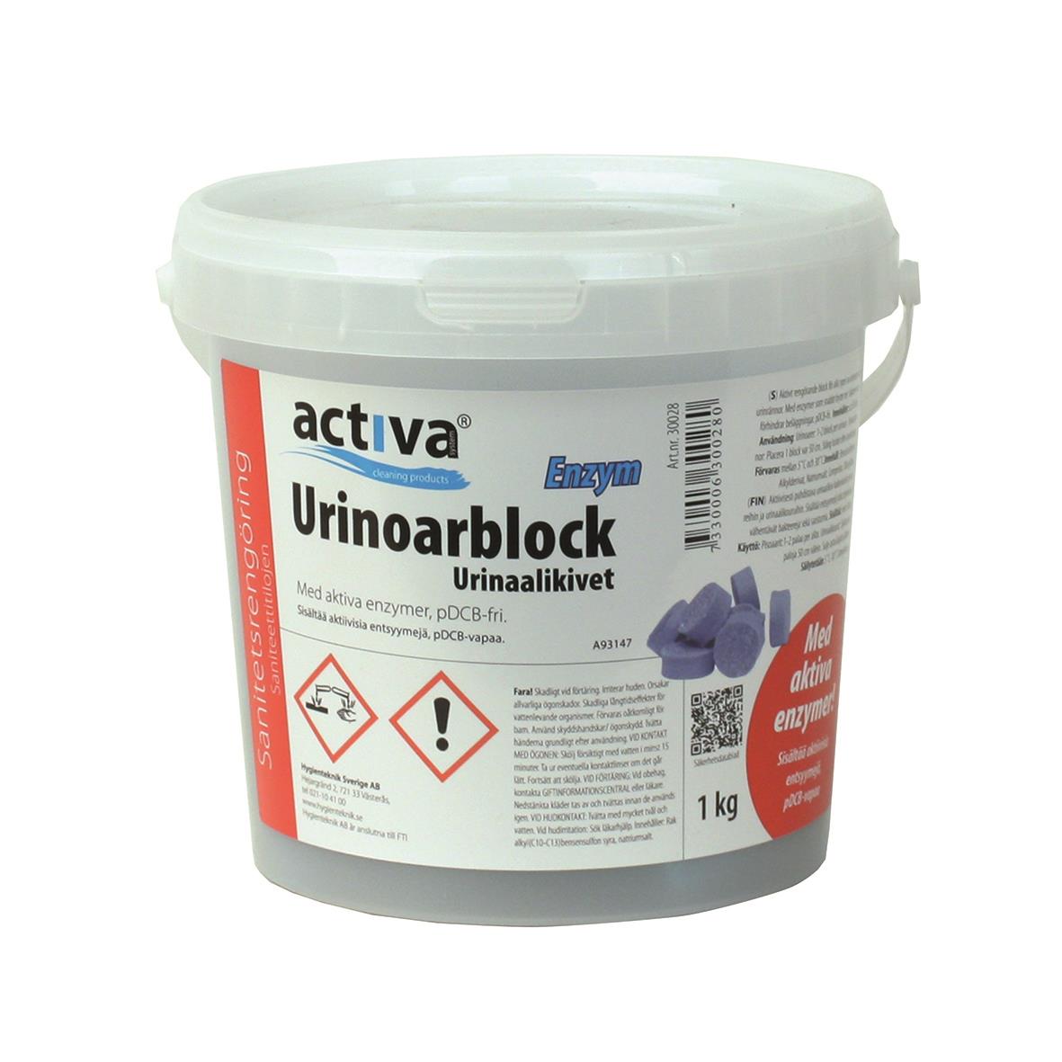 Urinoarblock Activa Bio Enzym 1kg i vit hink med etikett och lila block