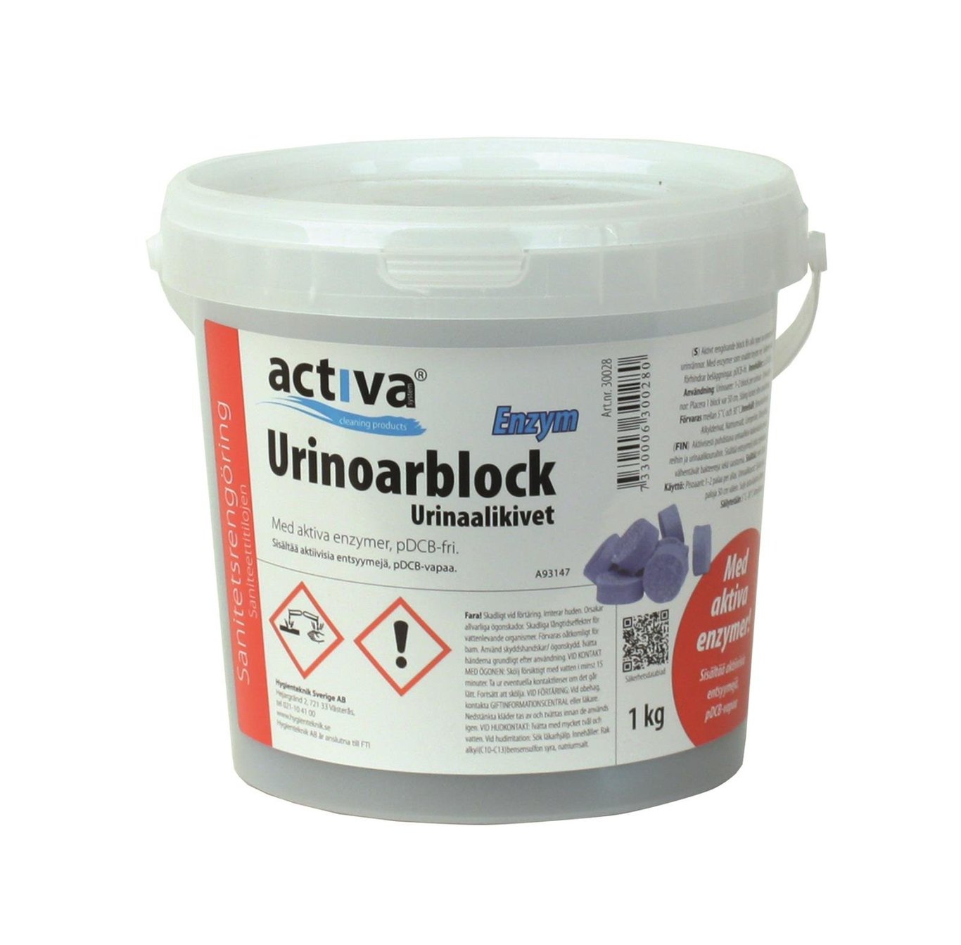 Urinoarblock Activa Bio Enzym 1kg i vit hink med etikett och lila block