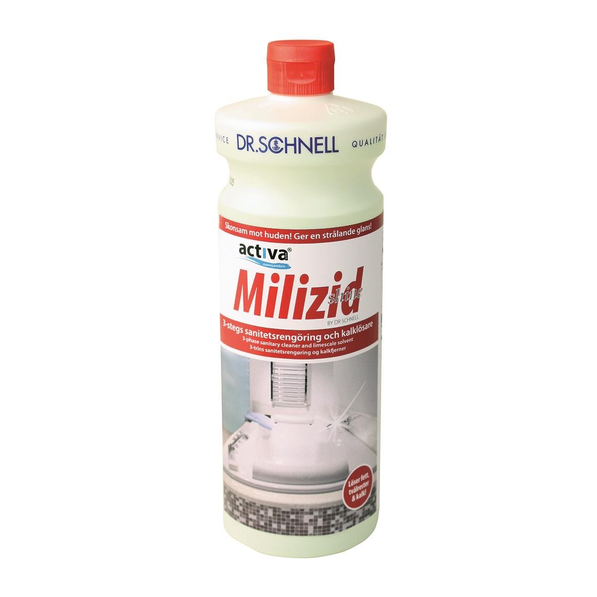Milizid Shine 1L sanitetsrent med röd lock och bild av toalett på etiketten