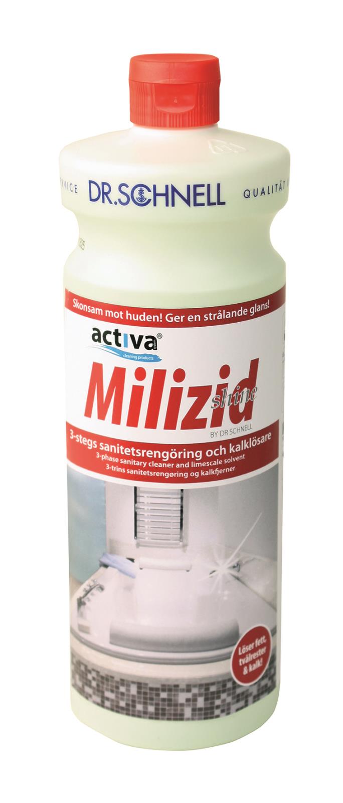 Milizid Shine 1L sanitetsrent med röd lock och bild av toalett på etiketten