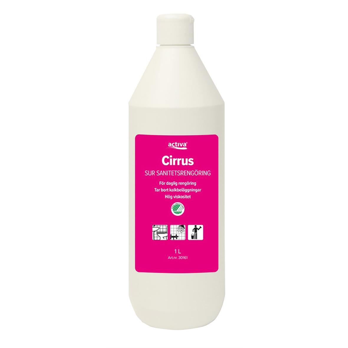 Vit plastflaska med rosa etikett för Sanitetsrent Activa Cirrus 1L, för rengöring