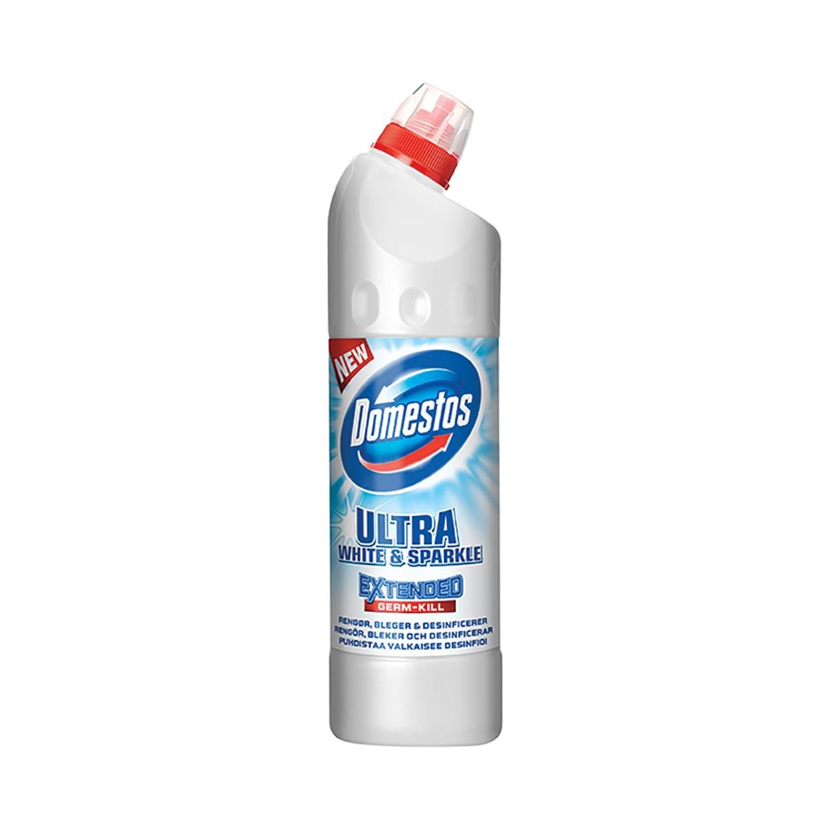 WC-Rent Domestos Ultra White & Sparkle 750ml rengöringsmedel i vit flaska med rött lock
