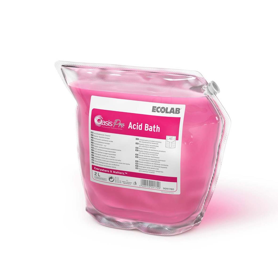 Ecolab Oasis Pro Acid Bath 2L i genomskinlig förpackning med rosa vätska