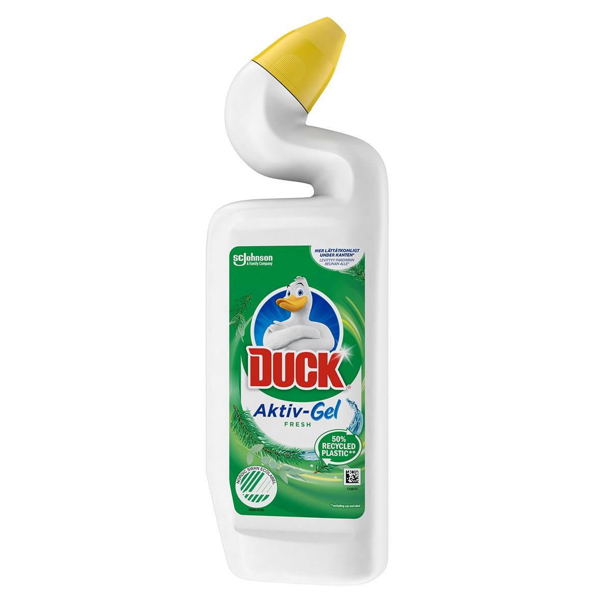 WC-Rent Duck Aktiv Gel Fresh 750ml flaska med gul kork och grön etikett med anka