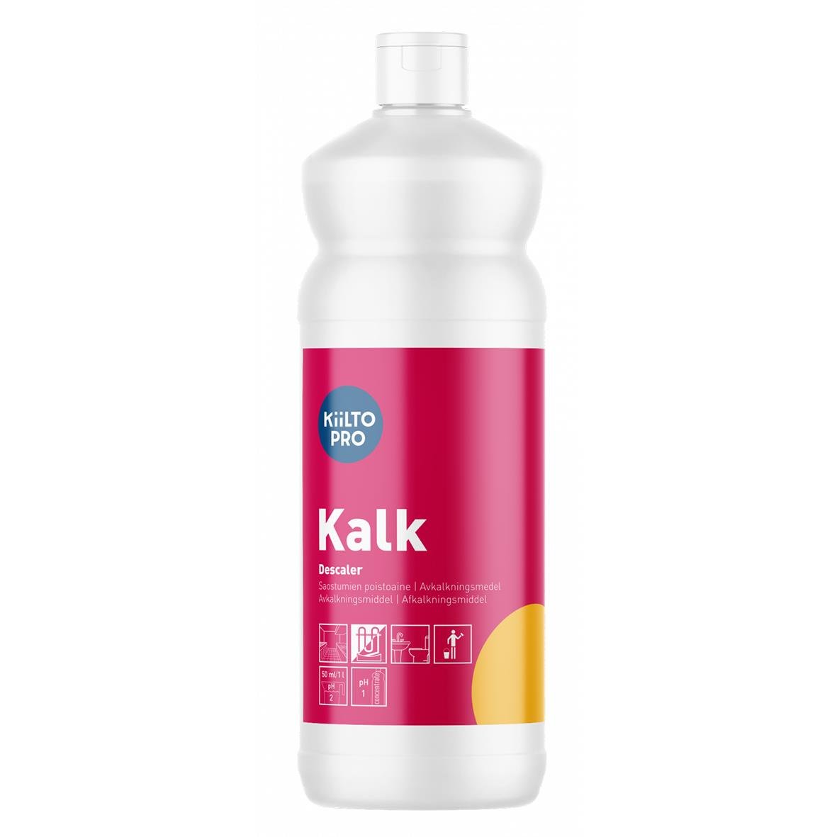 Kalkbort Kiilto Pro Kalk 1L i vit plastflaska med rosa och gult etikett