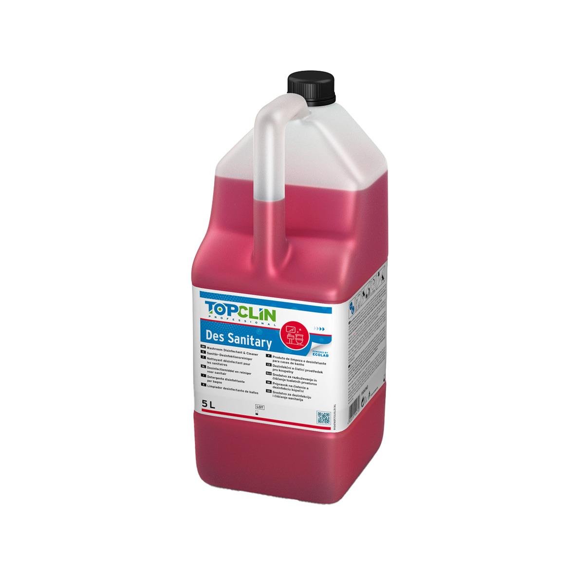 Röd och vit 5L flaska med sanitetsrengöring Ecolab Topclin Des Sanitary