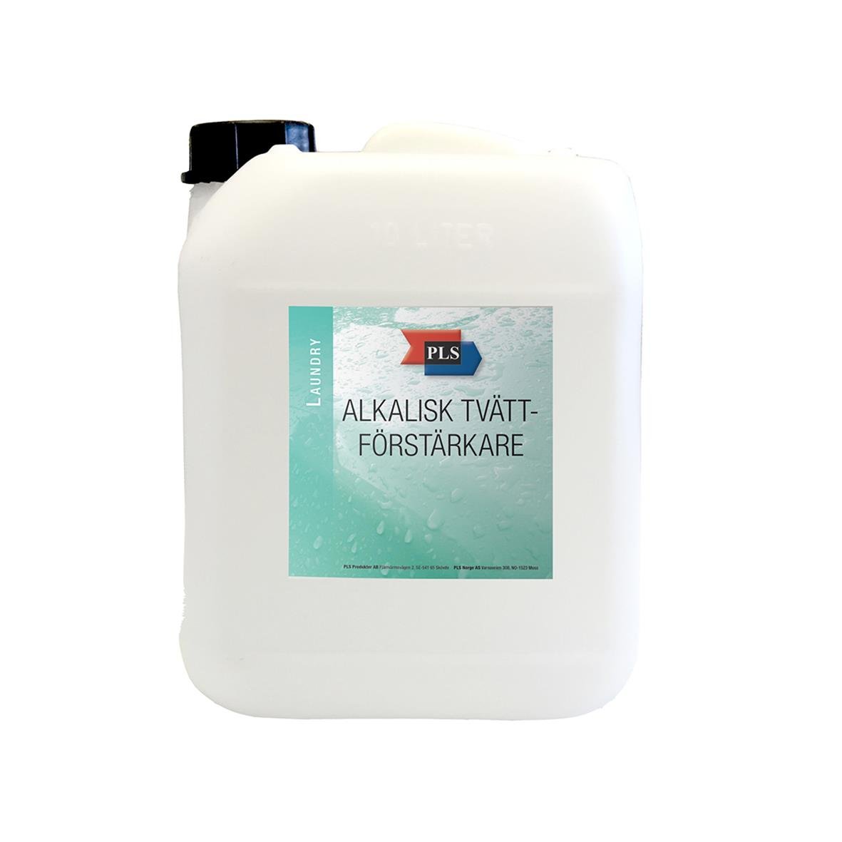 Stor vit plastdunk med etikett för alkaliskt tvättförstärkare PLS 10L