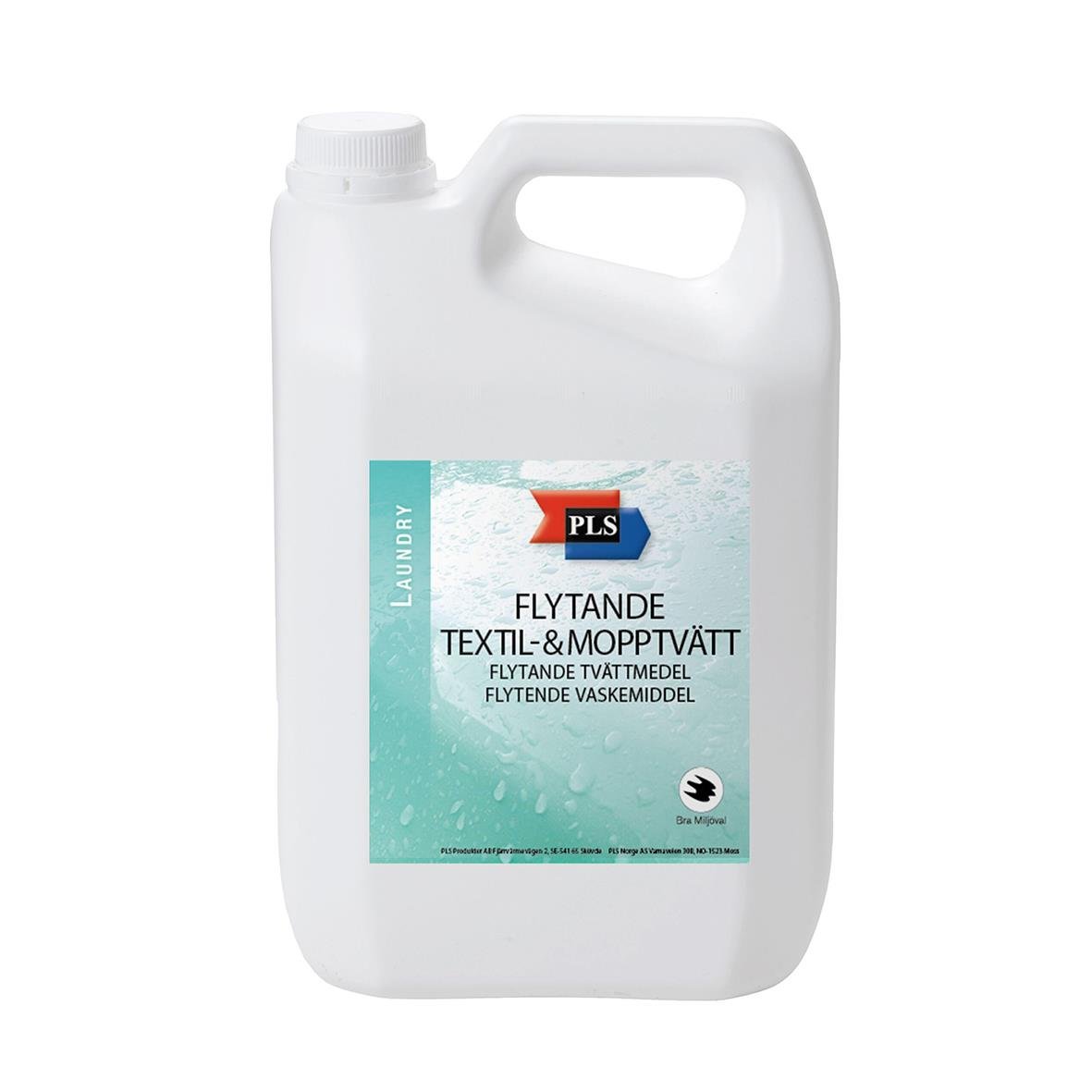 Stor vit plastflaska med handtag och lock, etikett för PLS Textil- & Mopptvätt 5L