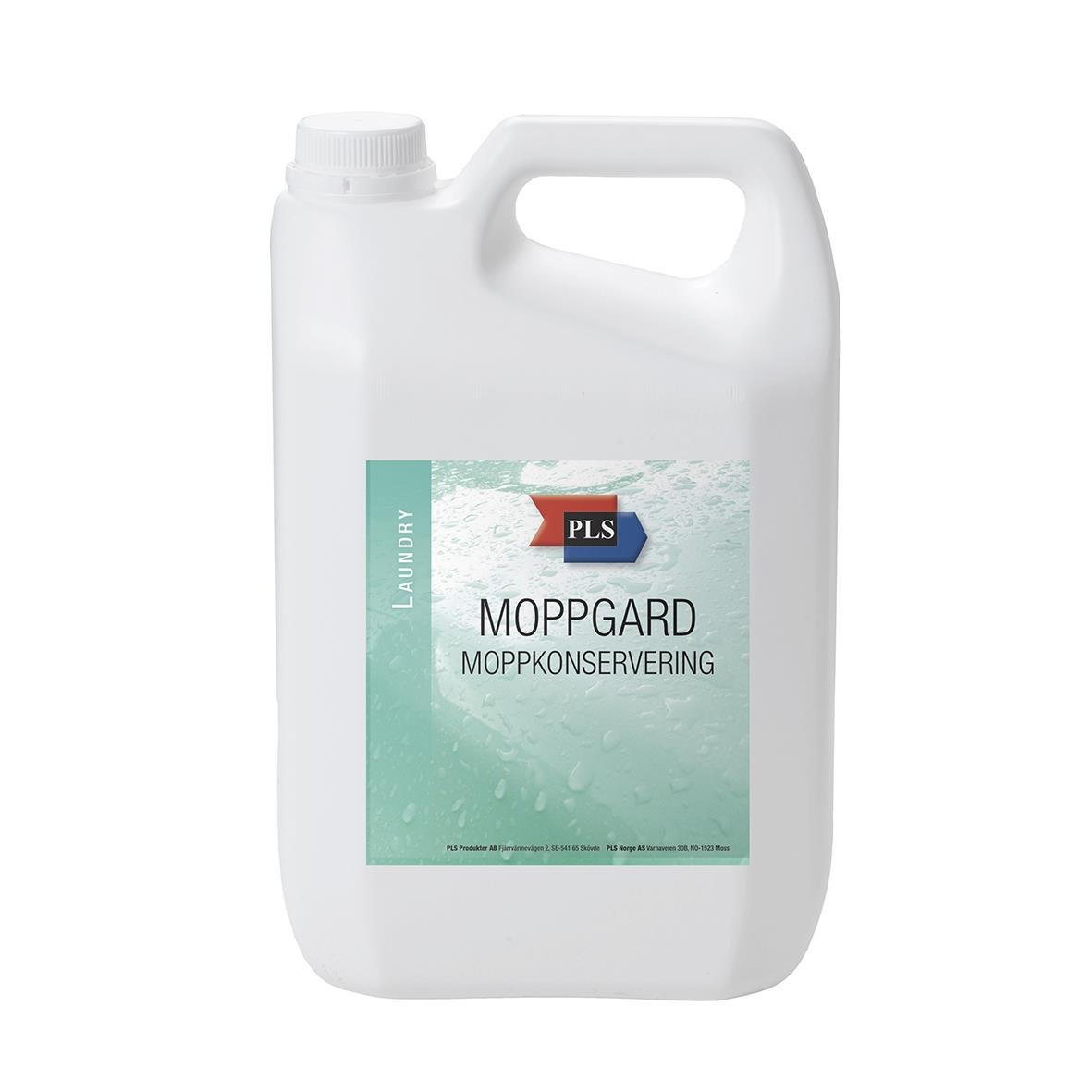 Stor vit plastflaska med handtag och lock, etikett med text Moppkonservering PLS Moppgard 5L
