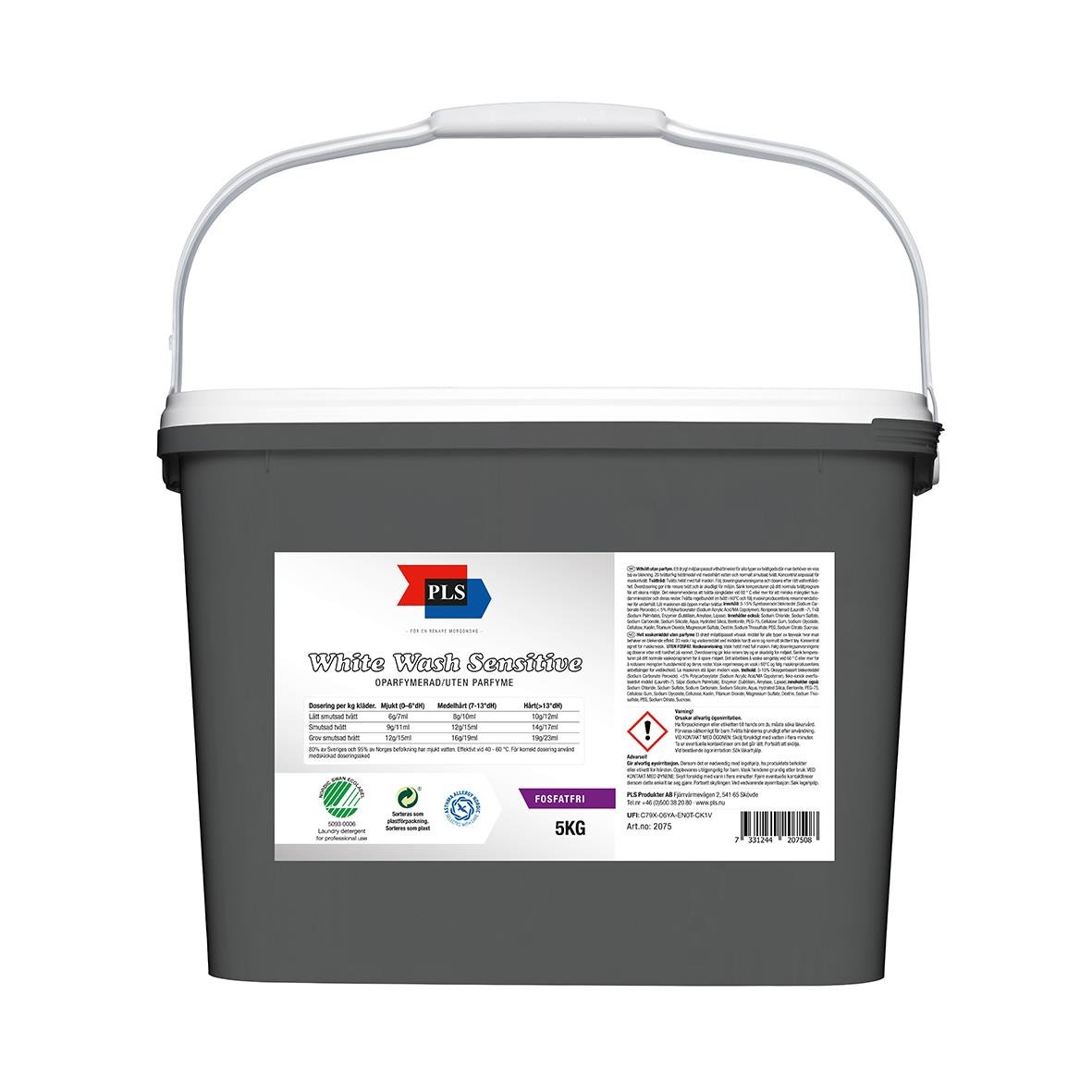 Stor vit tvättmedelsdunk med PLS Vittvätt Oparfymerad 5kg