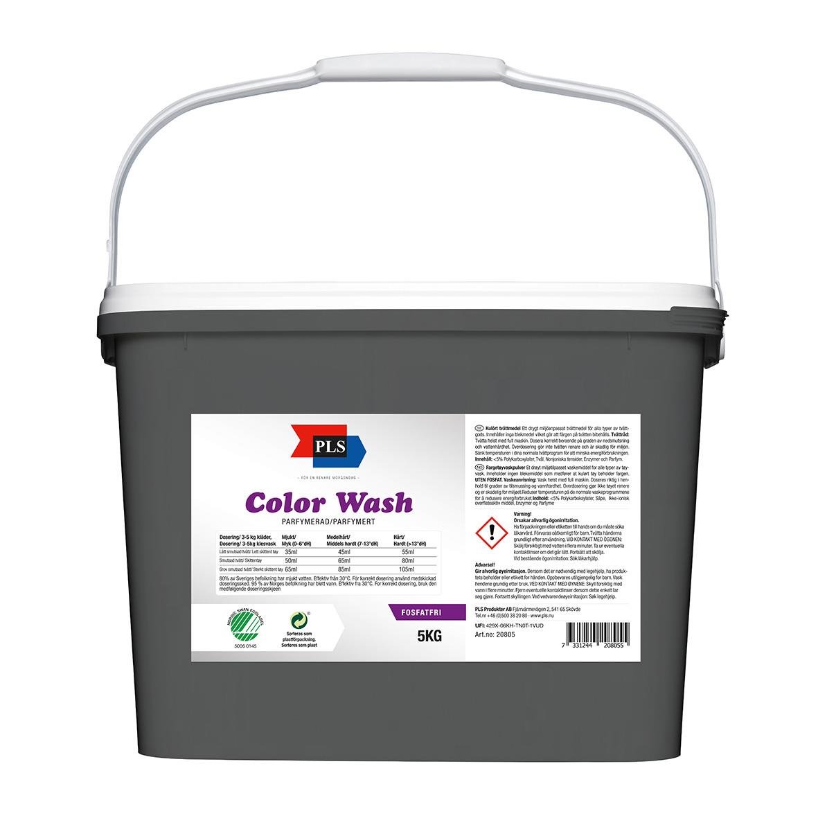 Grå hink med tvättmedel PLS Color Wash Parfymerad 5kg