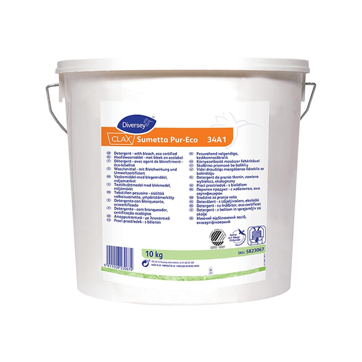 Stor vit hink med tvättmedel Diversey Clax Sumetta Pur-Eco 34A1 10kg