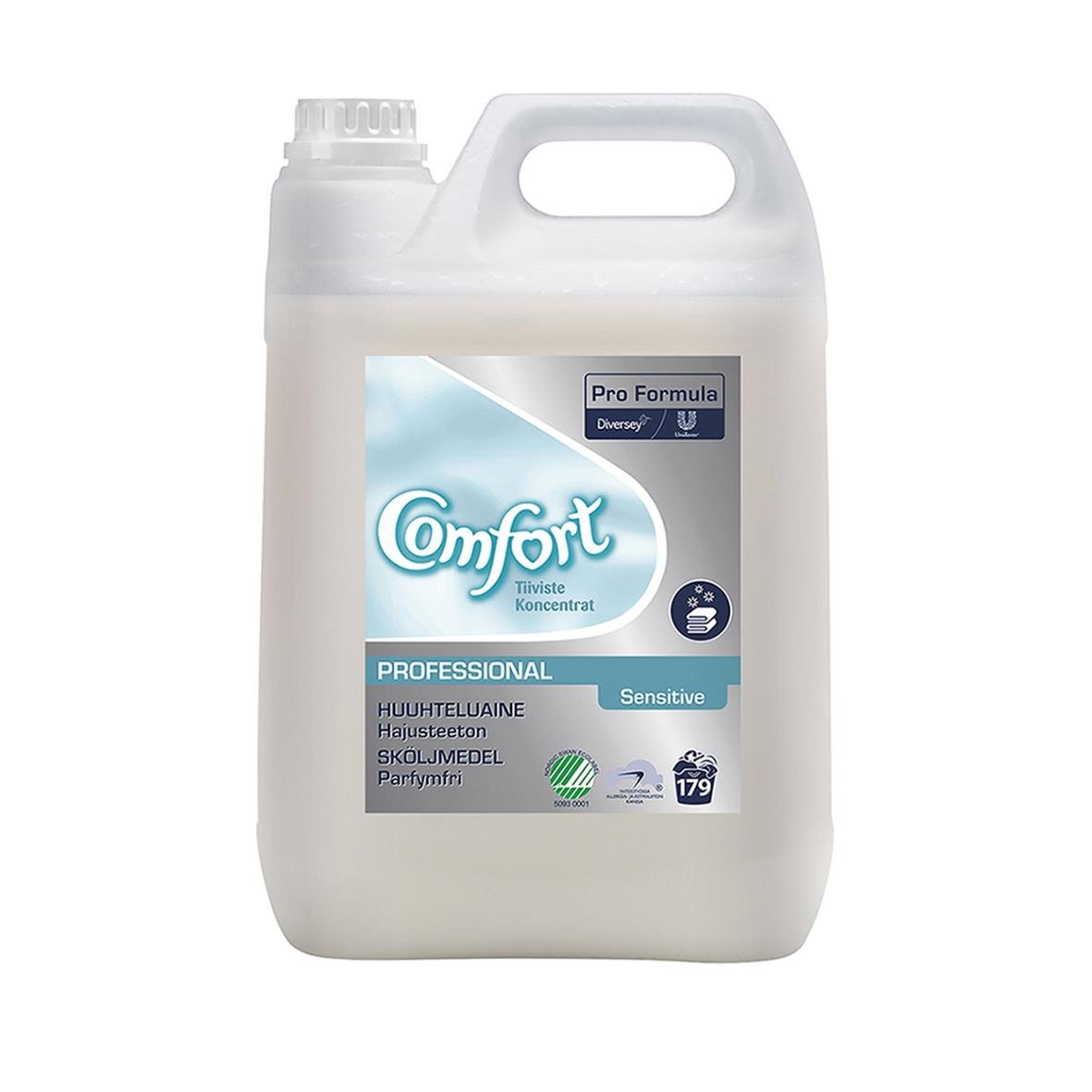 Sköljmedel Comfort Professional Sensitive 5L i vit plastflaska med handtag och etikett