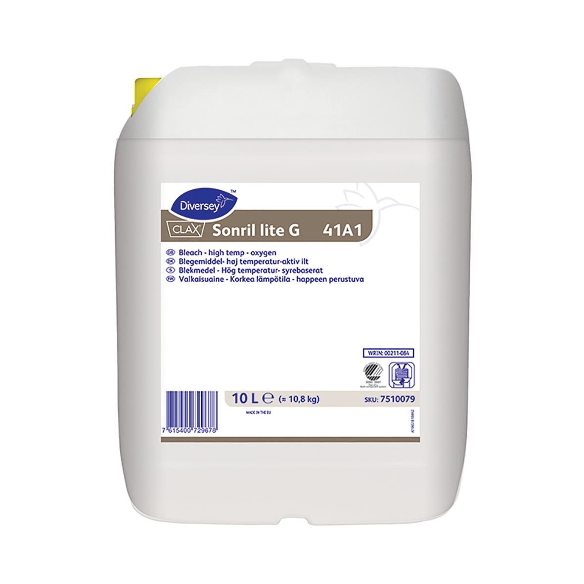 Blekmedel Diversey Clax Sonril Lite Pur-Eco 41A1 10L i vit dunk med etikett