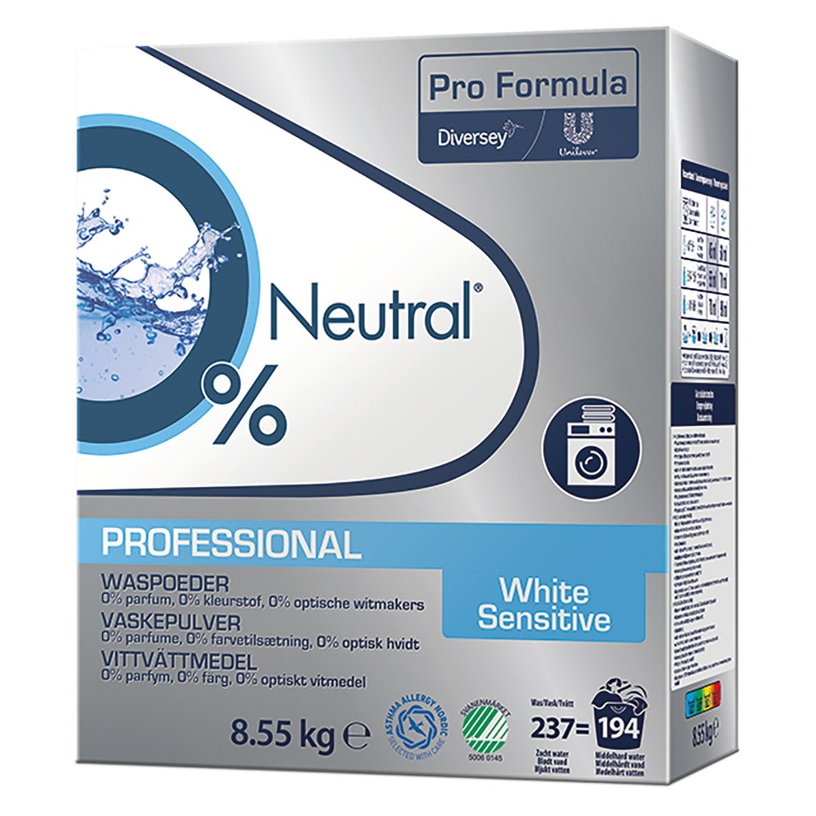Tvättmedel Neutral Vittvätt Sensitive Pulver 8,55kg i förpackning