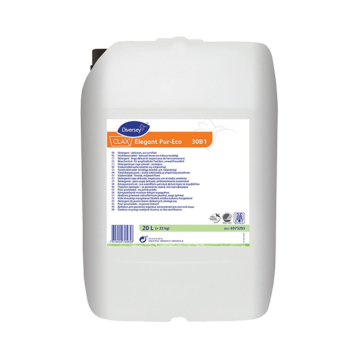 Stor vit plastflaska med tvättmedel Diversey Clax Elegant Pur-Eco 30B1 20L