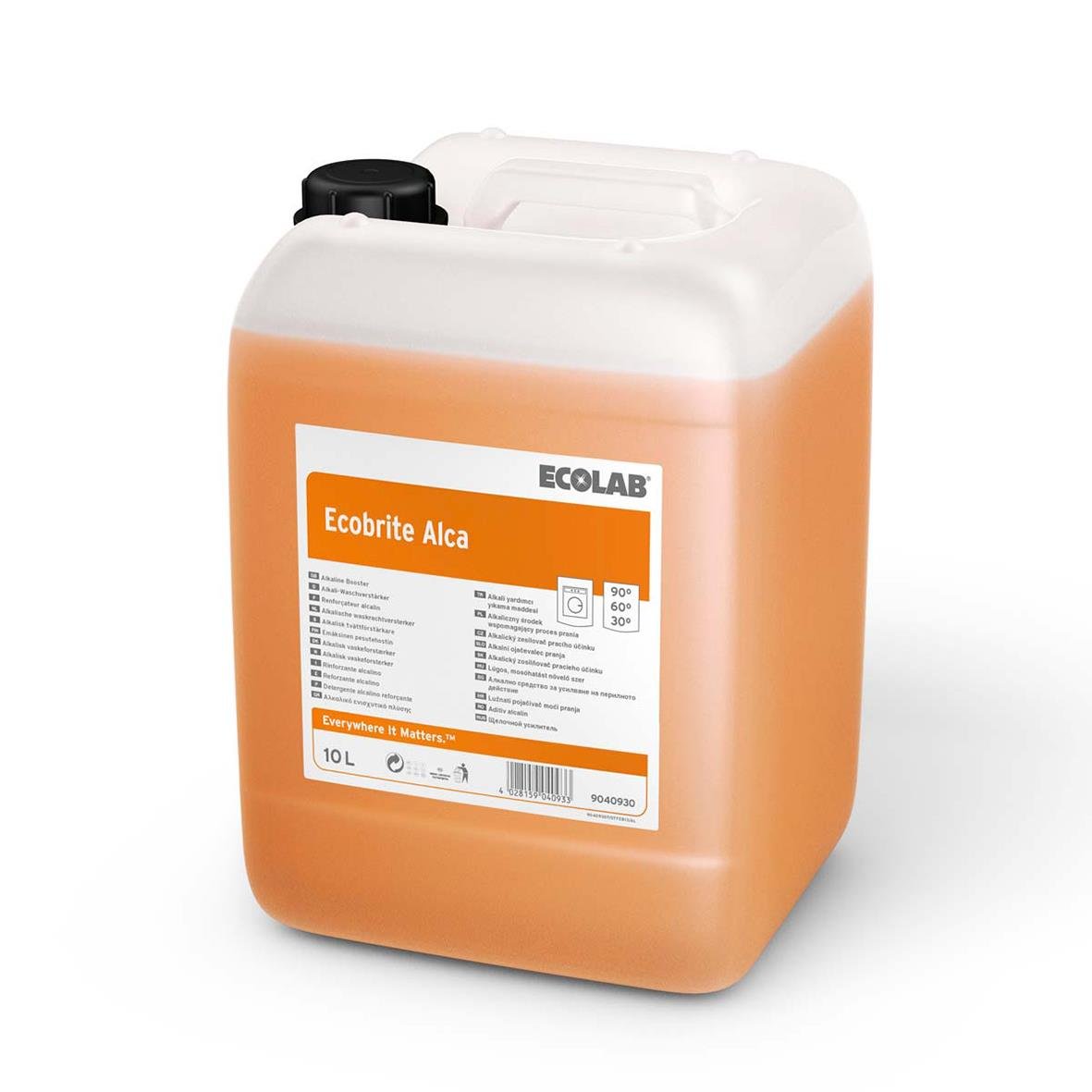 Stor 10L behållare med Ecolab Ecobrite Alca tvättmedel i orange och vit design