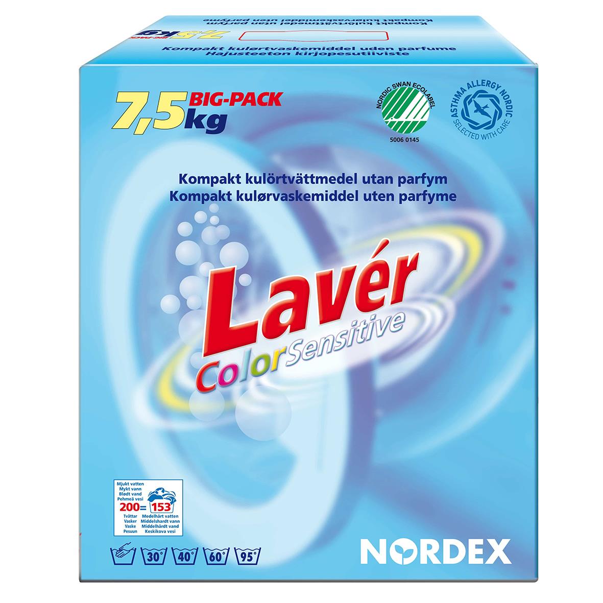 Tvättmedel Nordex Lavér Color Sensitive 7,5kg i blå kartong med produktnamn och vikt