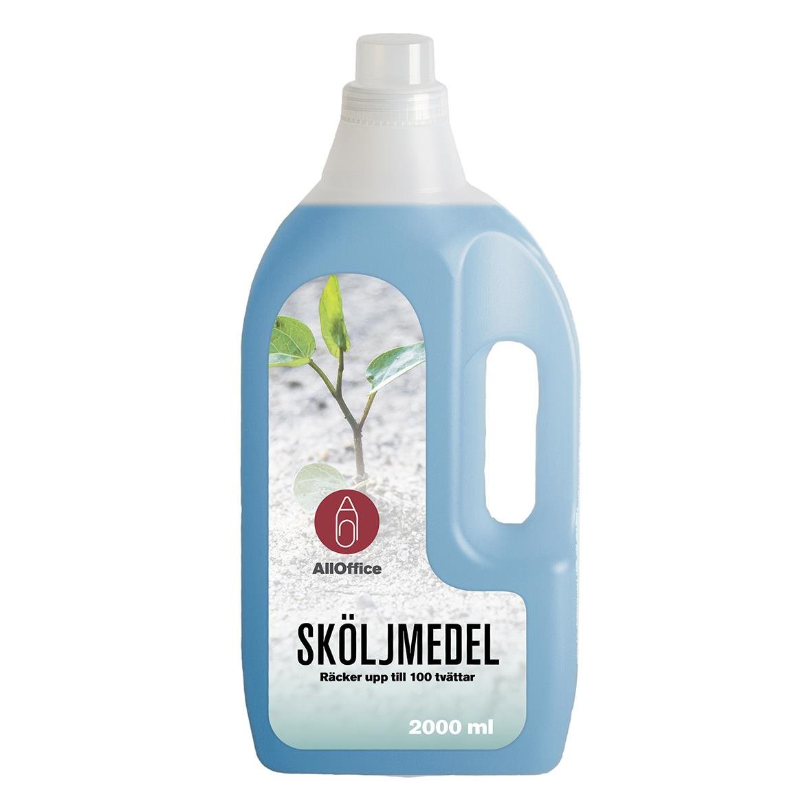 Blå sköljmedelsflaska med grönt bladmotiv och AllOffice-logga, rymmer 2000 ml