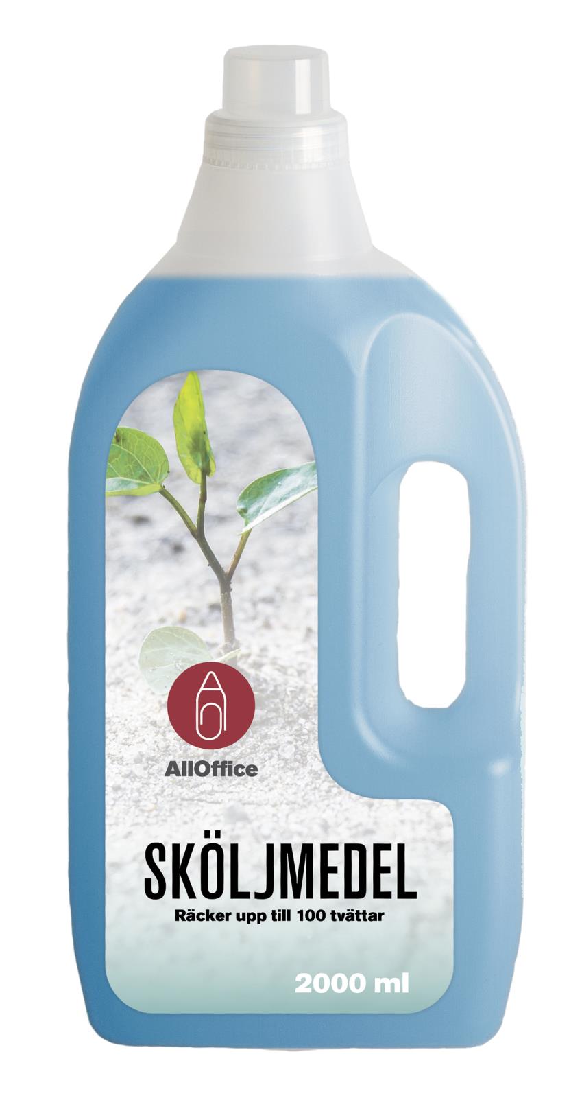 Blå sköljmedelsflaska med grönt bladmotiv och AllOffice-logga, rymmer 2000 ml