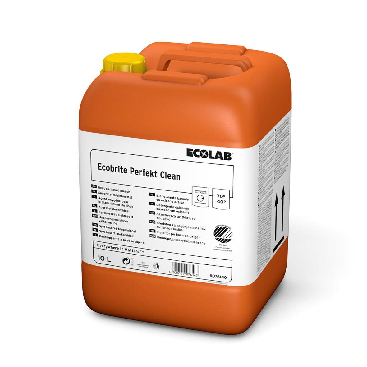 Orange plastbehållare med vit etikett för blekmedel Ecolab Ecobrite Perfect Clean 10L