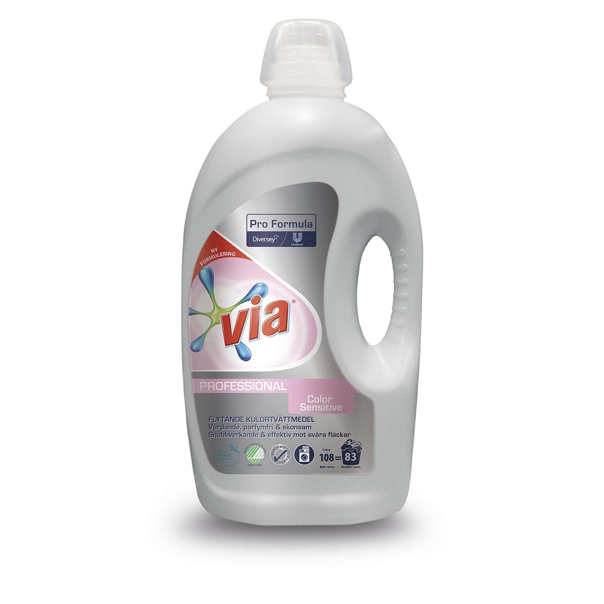 Tvättmedel Via Flytande Color Sensitive Oparfymerad 7,5L i förpackning och flaska