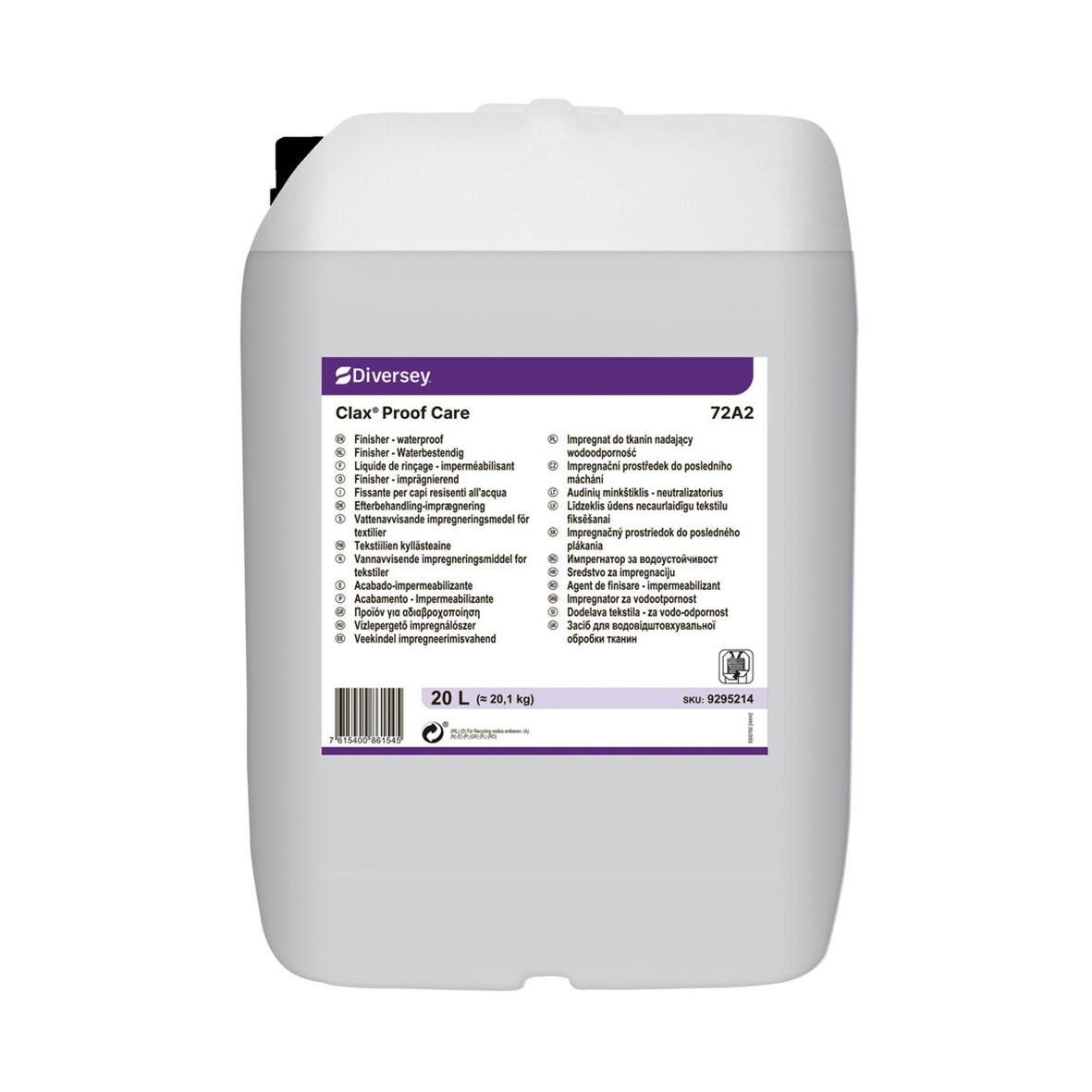 Stor vit plastdunk med etikett för Textilimpregnering Diversey Clax Proof 72A1 20L