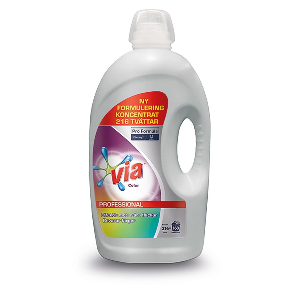 Tvättmedel Via Flytande Color Parfymerad 4,32L i vit flaska med handtag och lock