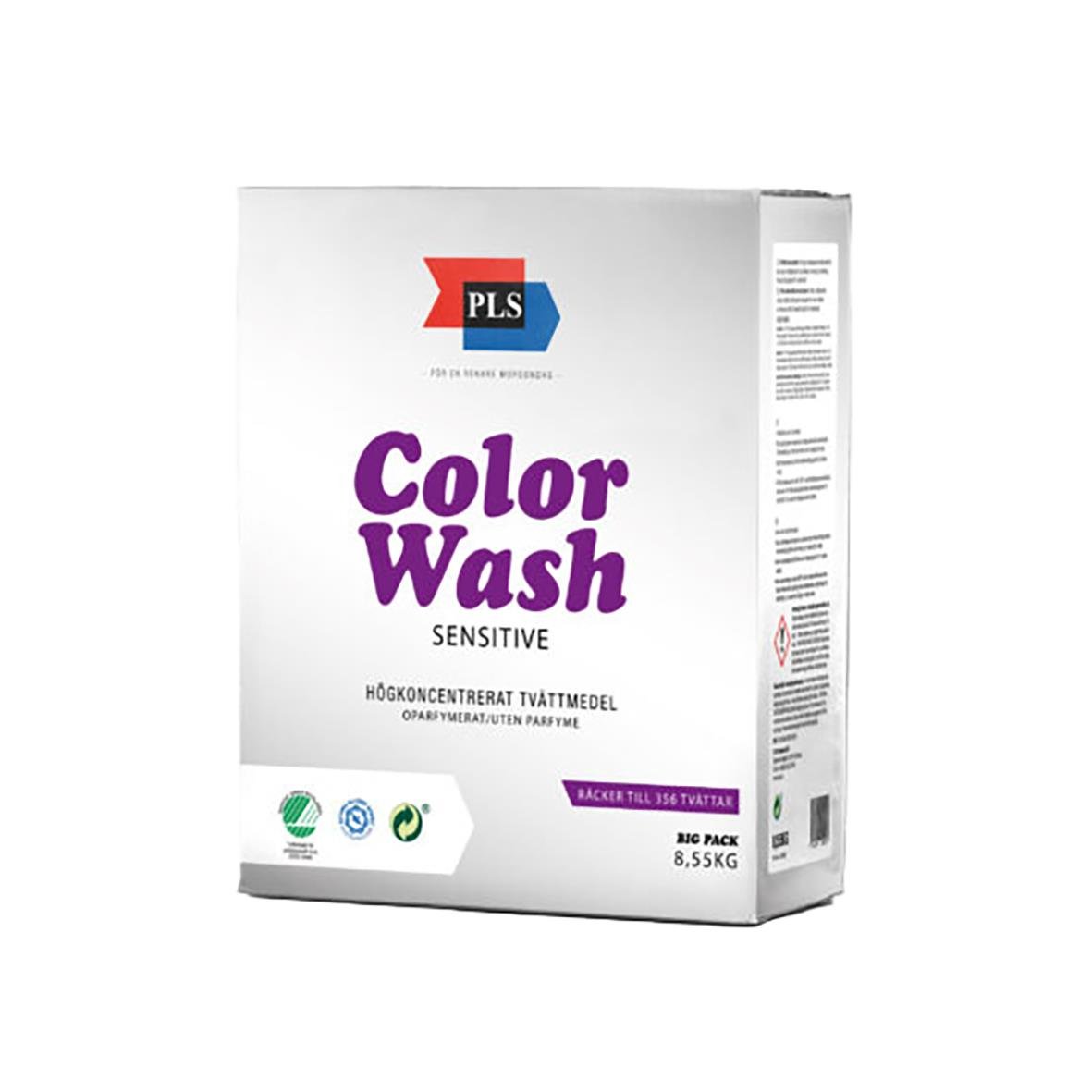 Tvättmedel PLS Kulörtvätt Allergi Oparfymerad 8,55kg i vit förpackning med PLS logo och text Color Wash Sensitive