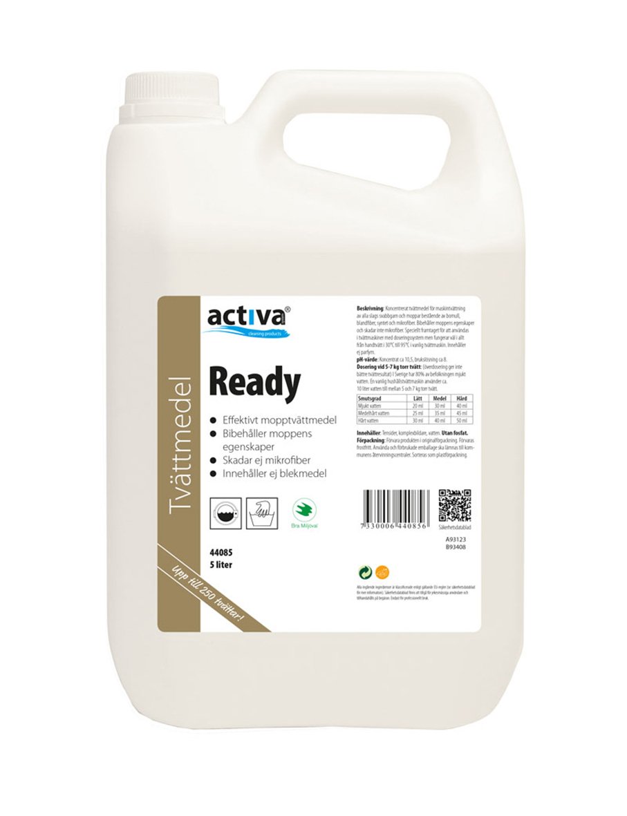 Activa Ready mopptvätt 5L, effektivt och skonsamt tvättmedel för mopp, innehåller blekmedel