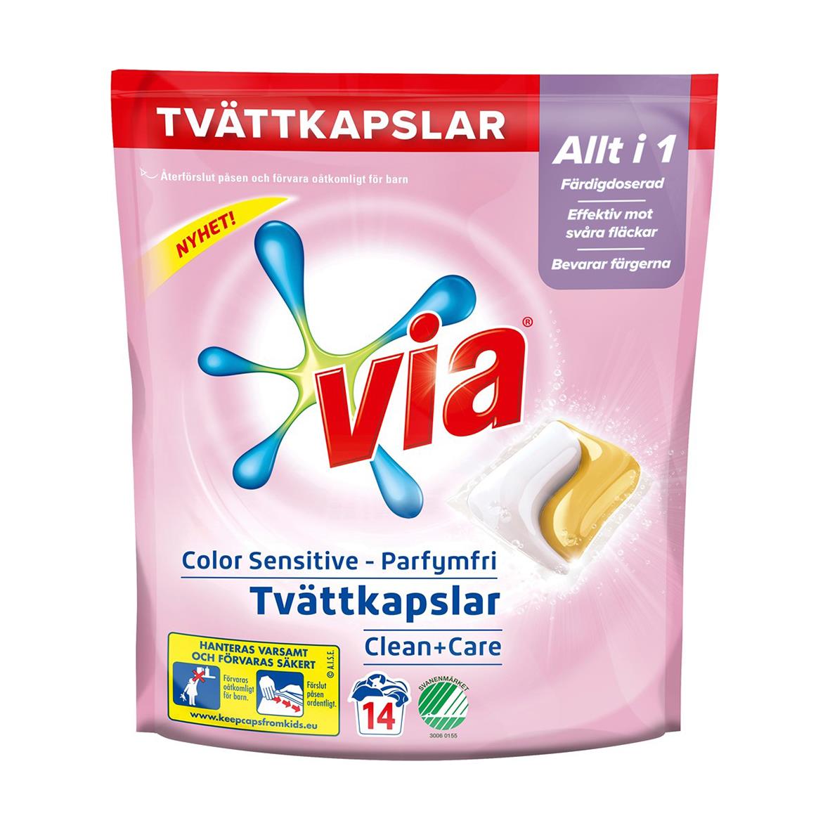 Tvättmedel Via Tvättkapslar Color Oparfymerad 52100312