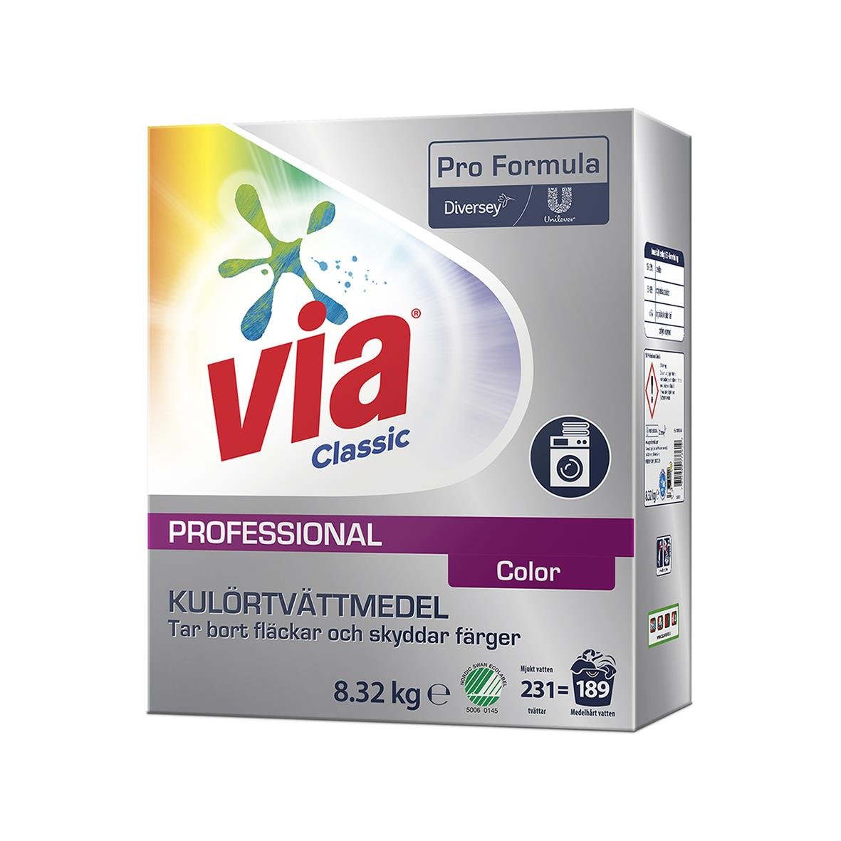 Tvättmedel Via Professional Color Plus Parfymerad 8,32kg i förpackning med färgade fläckar och tvättsymbol