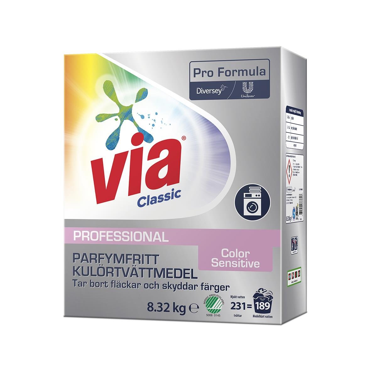 Tvättmedel Via Professional Color Plus Oparfymerad 8,32kg i förpackning med tvättsymbol och färgskydd